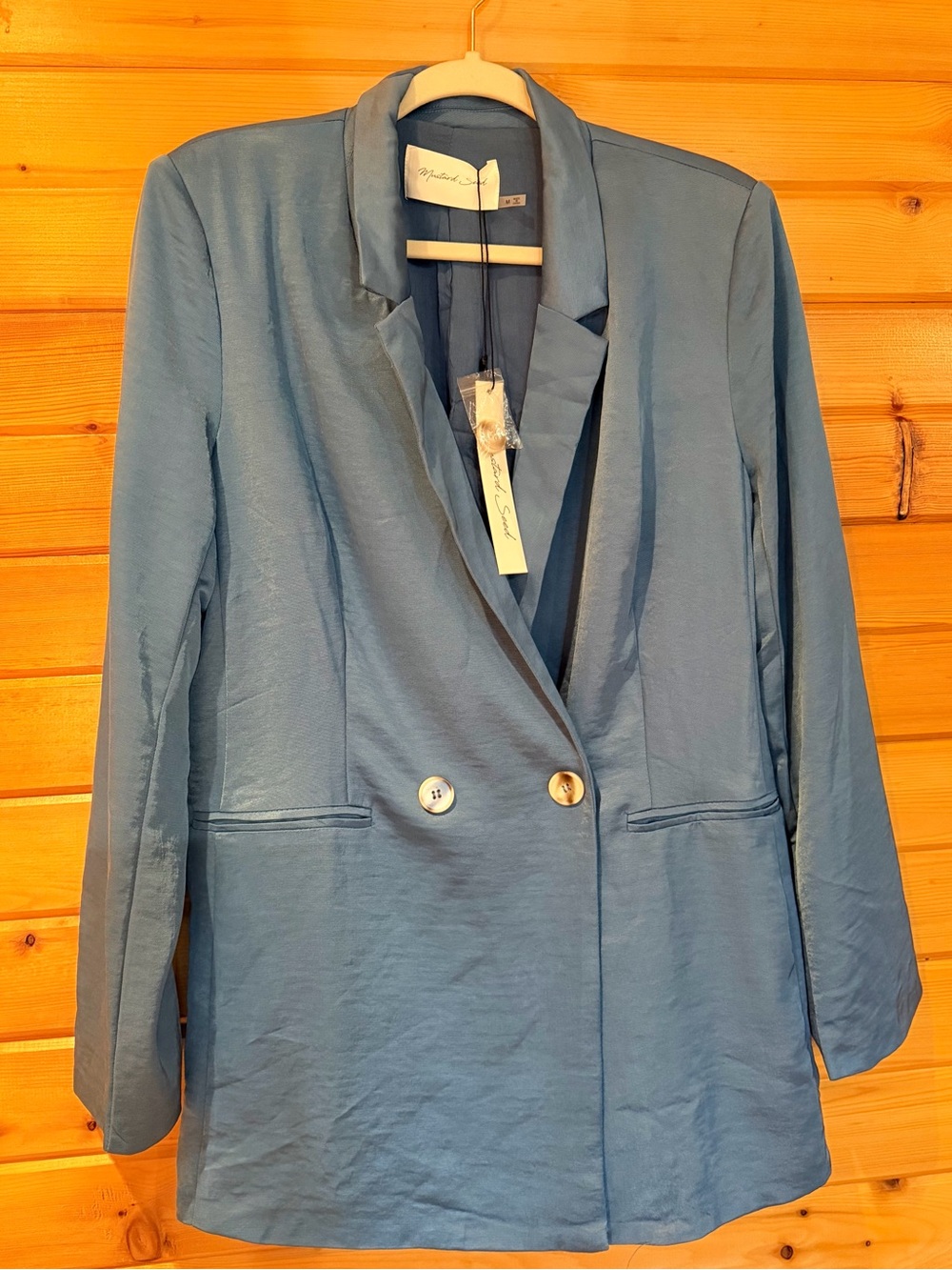 Mustard Seed Blue Satin Longline Blazer Medium NWT Double Breasted